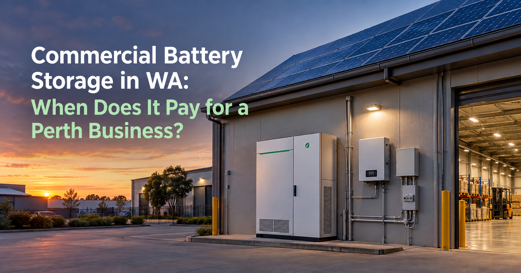 Commercial battery storage system and three-phase inverter installed at a Perth business at dusk, with rooftop solar panels above