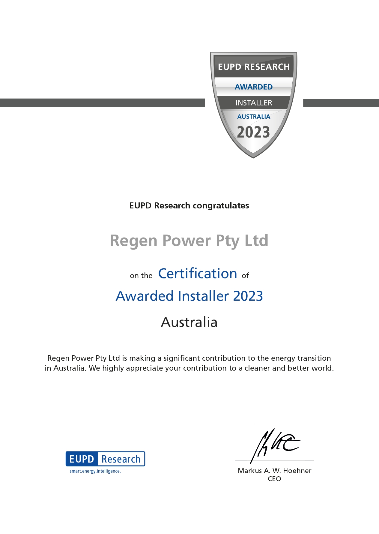 Solar Excellence: Regen Power Awarded with Prestigious 2023 EUPD Research Installer Award
