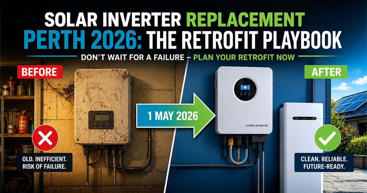 Before and after comparison of an old solar inverter and a new hybrid inverter with battery, Perth 2026 retrofit playbook