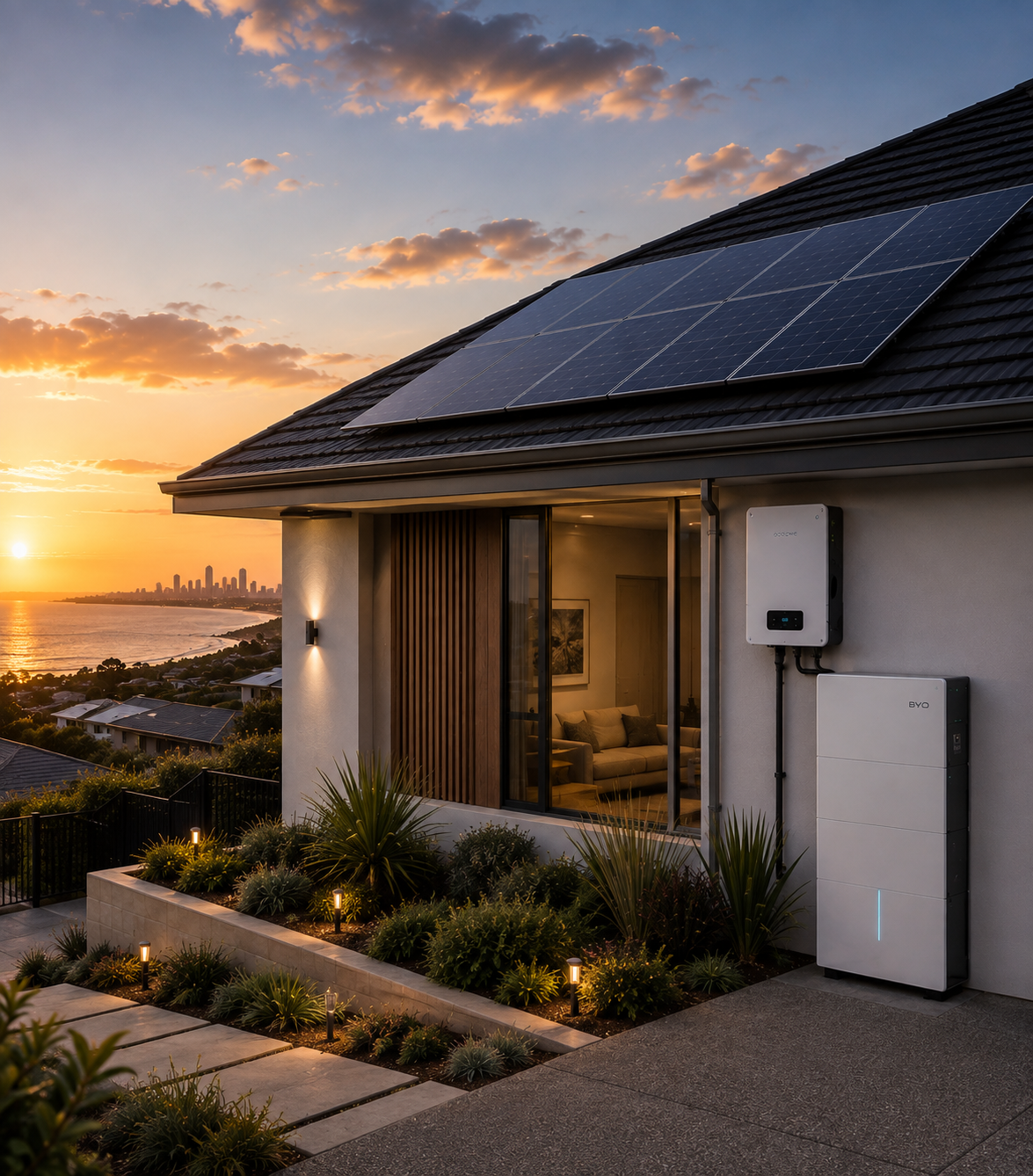 Solar panels on a roof at sunset