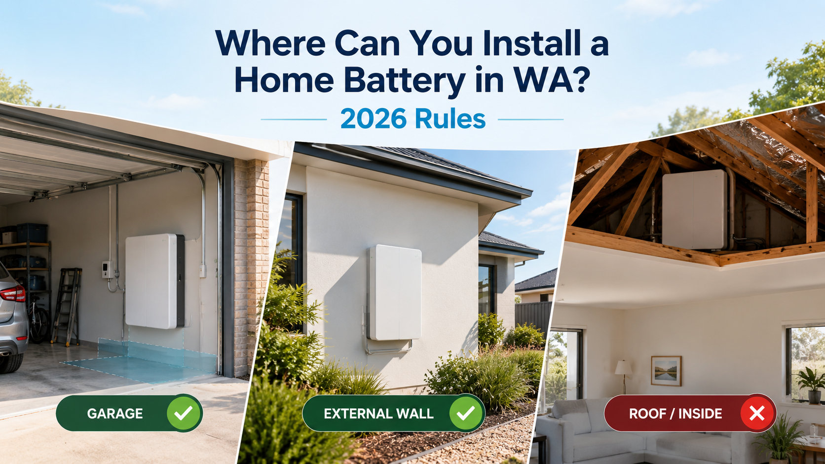 2026 WA home battery installation locations showing garage and external wall options