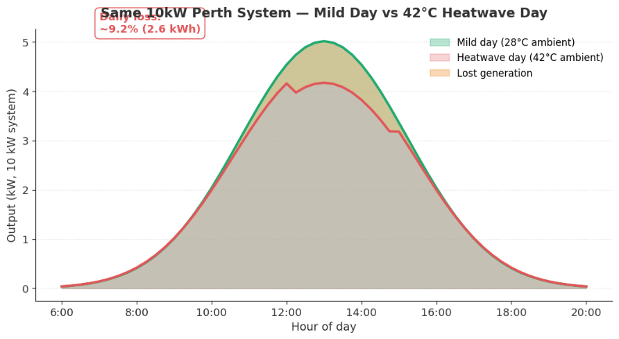 Area chart comparing daily solar output for a 10 kW Perth system on a mild day versus a 42 degree heatwave day 